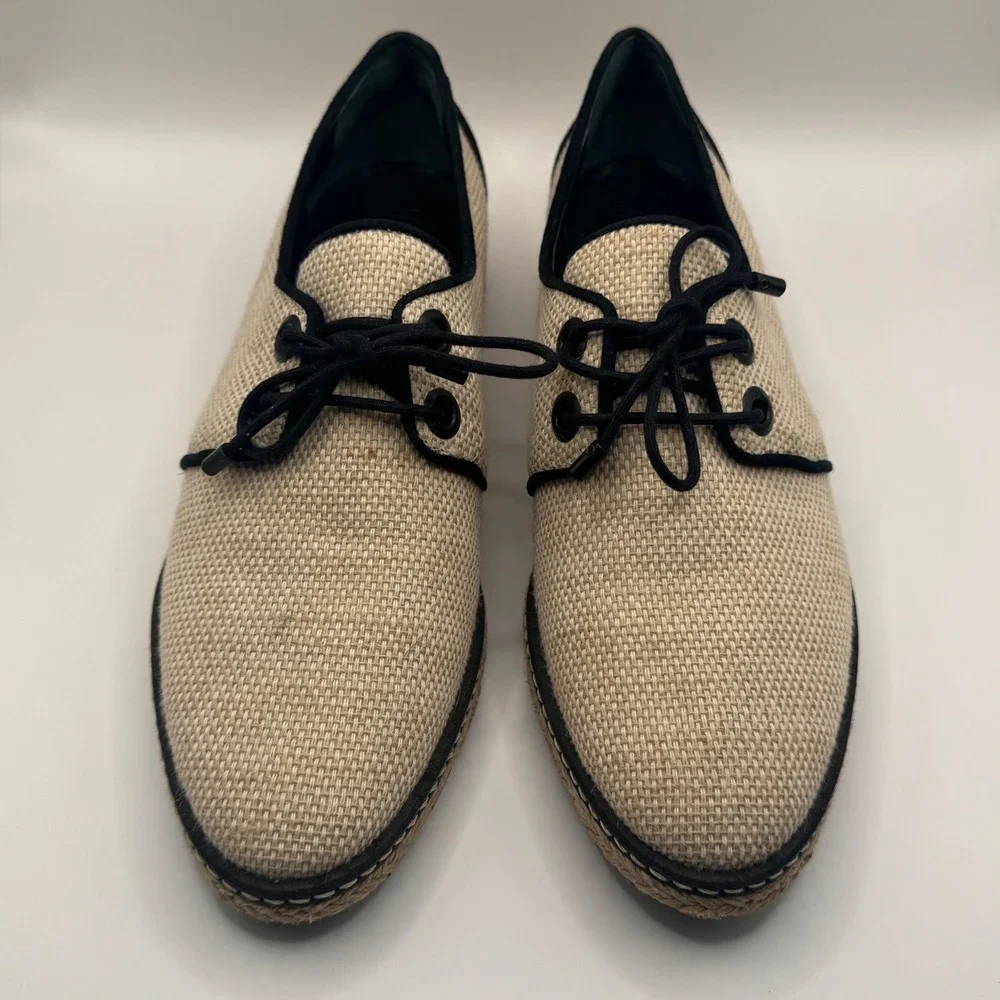 Tory Burch Beige Woven Espadrille Oxford Lace Up Flats Black Trim Women's 7.5M
